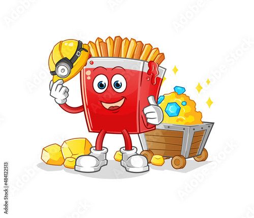 French fries miner with gold character. cartoon mascot vector