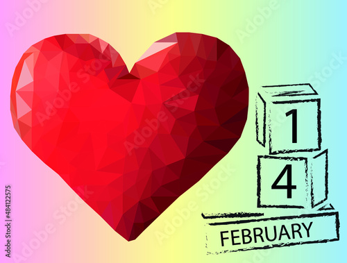 valentine's day card with red heart drawn in low poly style on gradient background