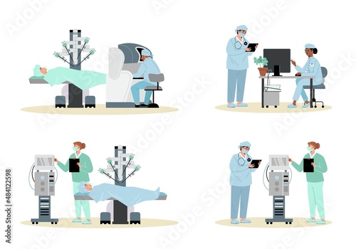 Robotic surgery set with medical staff characters vector illustration isolated.