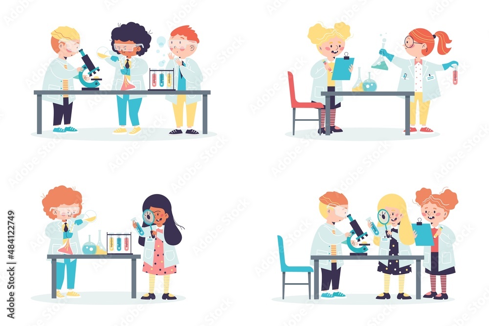 Smart kids do chemical experiments in science lab in flat vector illustration