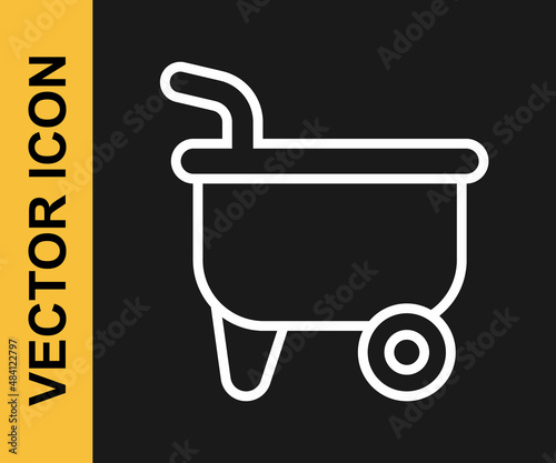 White line Wheelbarrow icon isolated on black background. Tool equipment. Agriculture cart wheel farm. Vector