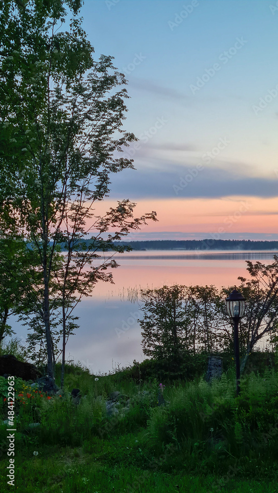 sunset over the lake, finnish summer, summer evening, midningt sun