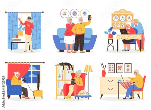Elderly persons set using gadgets and devices, vector illustration isolated.