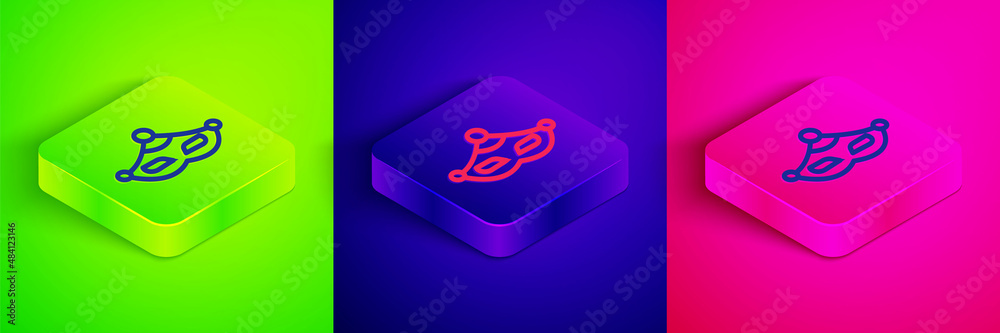 Isometric line Carnival mask icon isolated on green, blue and pink background. Masquerade party mask. Square button. Vector Isometric line Carnival mask icon isolated on green, blue and pink background. Masquerade party mask. Square button. Vector