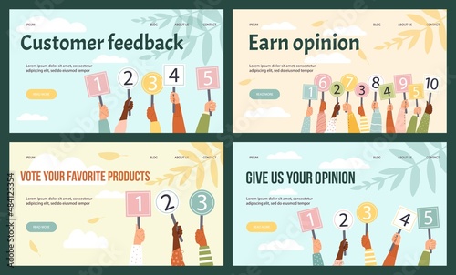 Feedback and earn opinion banners with score cards, flat vector illustration.
