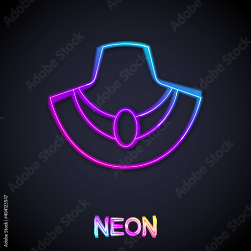 Glowing neon line Necklace on mannequin icon isolated on black background. Vector