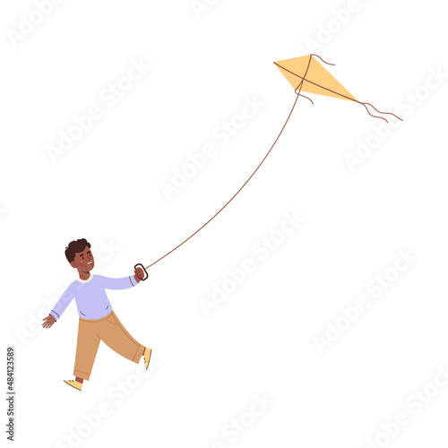 Happy boy flying a kite. Flat vector illustration.