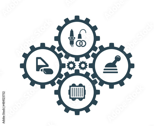 Vector illustration, icons and logos with car parts and other special equipment. Car service. Auto parts store.