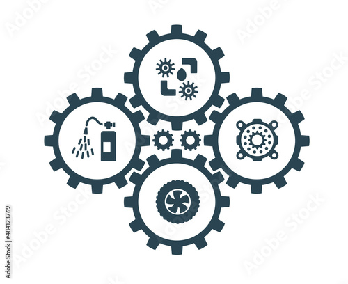 Vector illustration, icons and logos with car parts and other special equipment. Car service. Auto parts store.