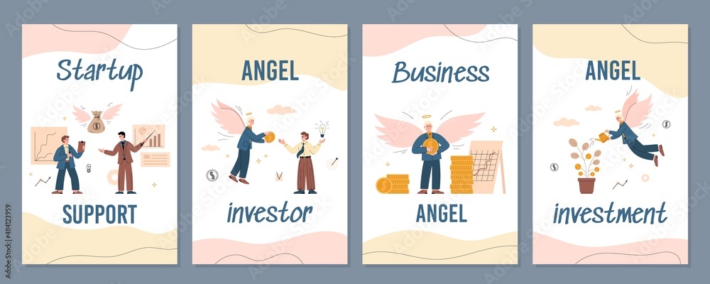 Onboarding pages kit with investor giving money for startup vector illustration.