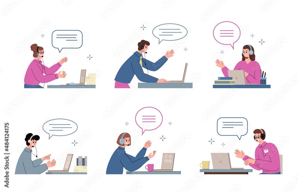 Call center or customers support operators flat vector illustration isolated.