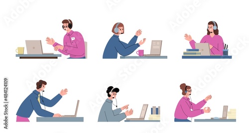 Customer support or telephone operators, vector illustrations set isolated.