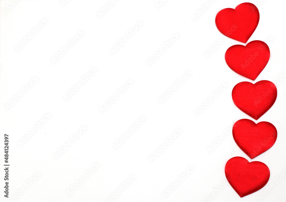 Background for valentine's day. Red hearts on white background, spherhu view Background for valentine's day. Red hearts on white background, spherhu view