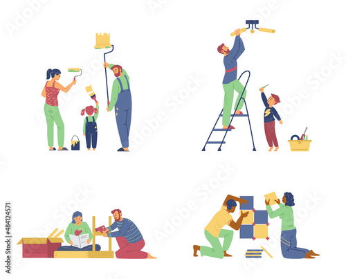 Family and couple making home repair vector flat illustration. Set of various people doing apartment renovation.