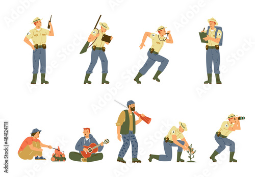 Forest ranger in duty characters set, flat vector illustration isolated.