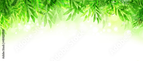 Green leaves, bokeh, nature background. Green leaves border. Spring background. Illustration.
