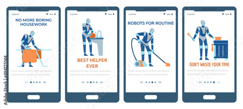 Robot helps with household or housework, onboarding screens template set, flat vector illustration.