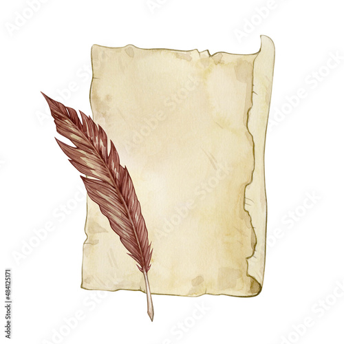 Watercolor illustration of old paper sheet and feather pen isolated on white background.
