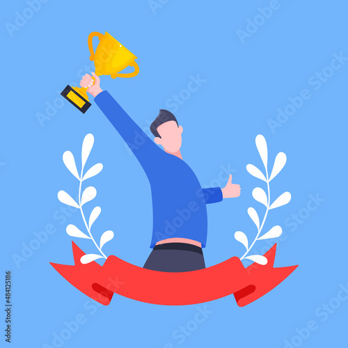 Best worker employee winner with trophy cup inside award ribbon and floral wreath flat style design vector illustration. Employee of the month, talent award, best worker competition prize.