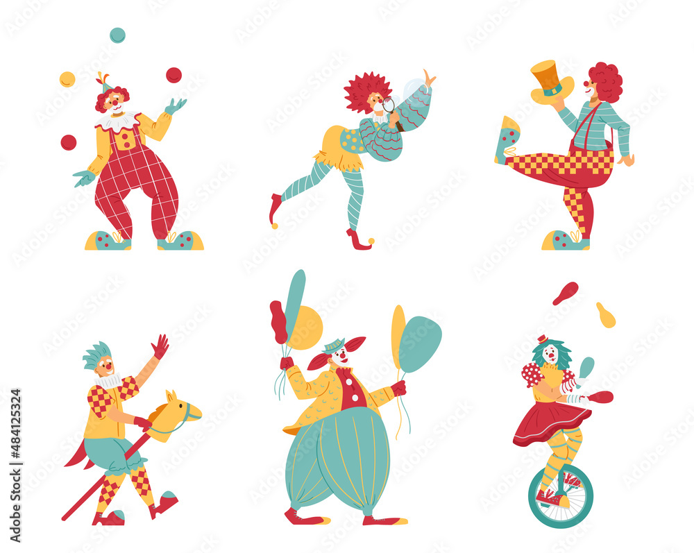 Funny circus clowns in different poses and costumes, flat vector illustration isolated on white background.