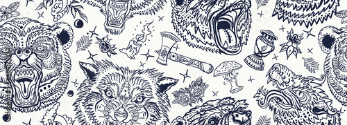 Bears and wolves. Grizzly background. Old school tattoo art. Wild animals seamless pattern. Tourism symbol, adventure, great outdoor