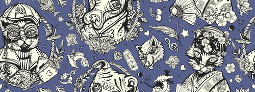 Cats and dogs pattern. Pets art, animals background. Old school tattoo style. Portrait of kitty geisha princess at sailor cat. Traditional tattooing style