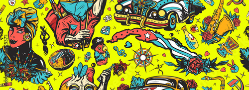 Cuba seamless pattern. Revolutionary communist, map, beautiful cuban woman, cigar, rum. Havana retro cars. History and culture, island of freedom. Traditional tattooing background