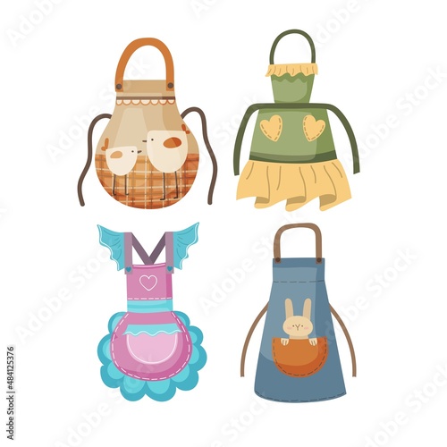 A set of flat illustrations of cooking aprons in a cartoon, hand-drawn style.