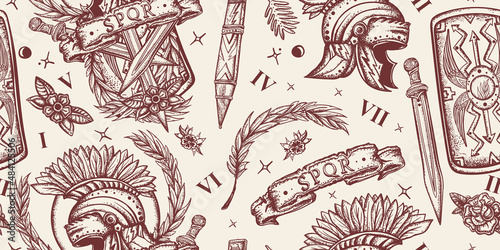 Ancient Rome. Traditional tattooing style. Seamless pattern. History of Italy. Roman spartan helmet, sword and shield