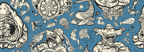 Sharks. Old school tattoo seamless pattern. Jellyfish, anchor. Underwater background. Sea wolf, captain in the sea, sailor at helm