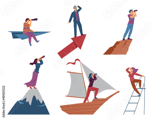 Business characters set moving towards goals, flat vector illustration isolated.