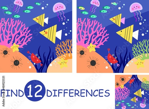 Game Find 12 differences for children. Sea inhabitants in cartoon style. Vector illustration.
