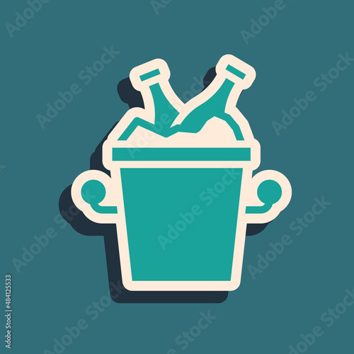 Green Beer bottles in ice bucket icon isolated on green background. Long shadow style. Vector