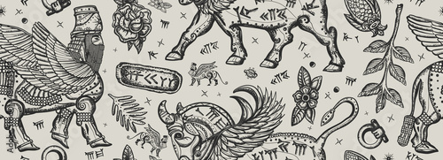 Mesopotamian goddess. Assyrian culture. Gilgamesh legends. Ancient Sumerian Civilization. Old school tattoo style. Middle East history background. Vintage seamless pattern