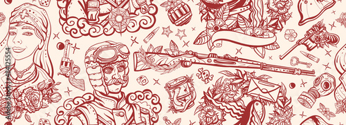 Old school tattoo seamless pattern. Love of soldier. WW1. People, history and battles. World War One. Traditional tattooing style. Military pilot in uniform, beautiful nurse, letter swallow, weapon