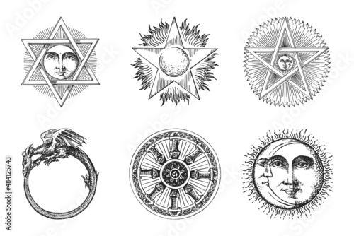 Freemasonry and mystical symbols, drawn sketch set