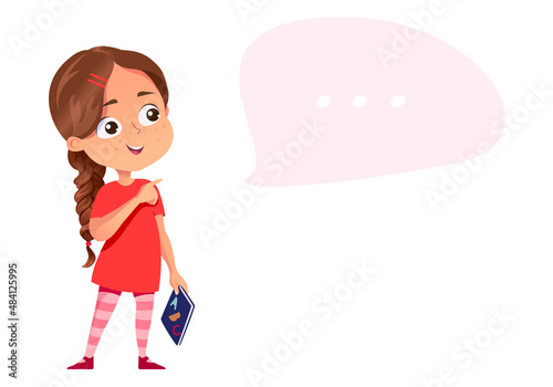 Girl child with book point at speech bubble. A little girl in red dress with braid. Vector illustration in cartoon style isolated on white.