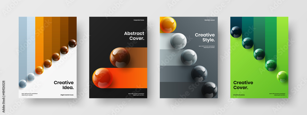 Vivid brochure A4 vector design illustration composition. Trendy realistic balls banner template set.