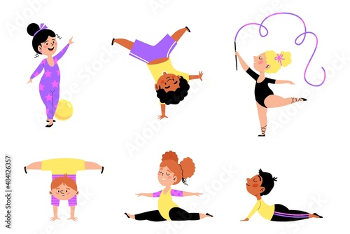 Kids do sport and gymnastics exercises, flat vector illustration isolated on white background.
