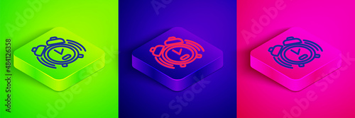 Isometric line Alarm clock icon isolated on green, blue and pink background. Wake up, get up concept. Time sign. Square button. Vector