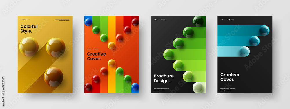 Geometric corporate brochure vector design template bundle. Bright realistic spheres journal cover concept set.