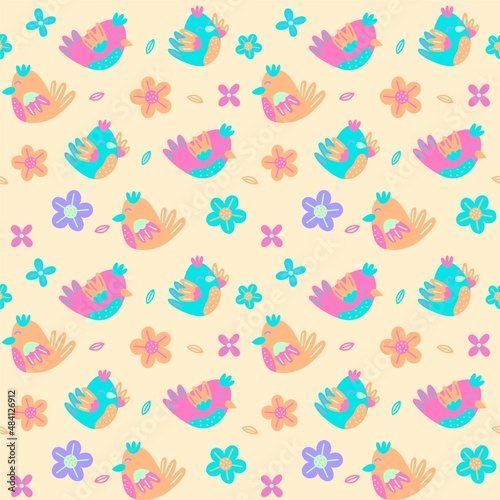 Spring Birds Seamless Pattern with warm color