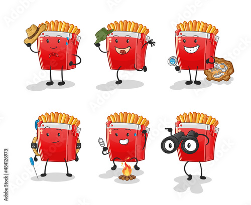 French fries adventure group character. cartoon mascot vector