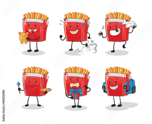 French fries children group character. cartoon mascot vector