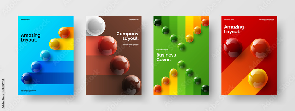 Simple 3D spheres book cover concept bundle. Multicolored company identity A4 design vector layout composition.