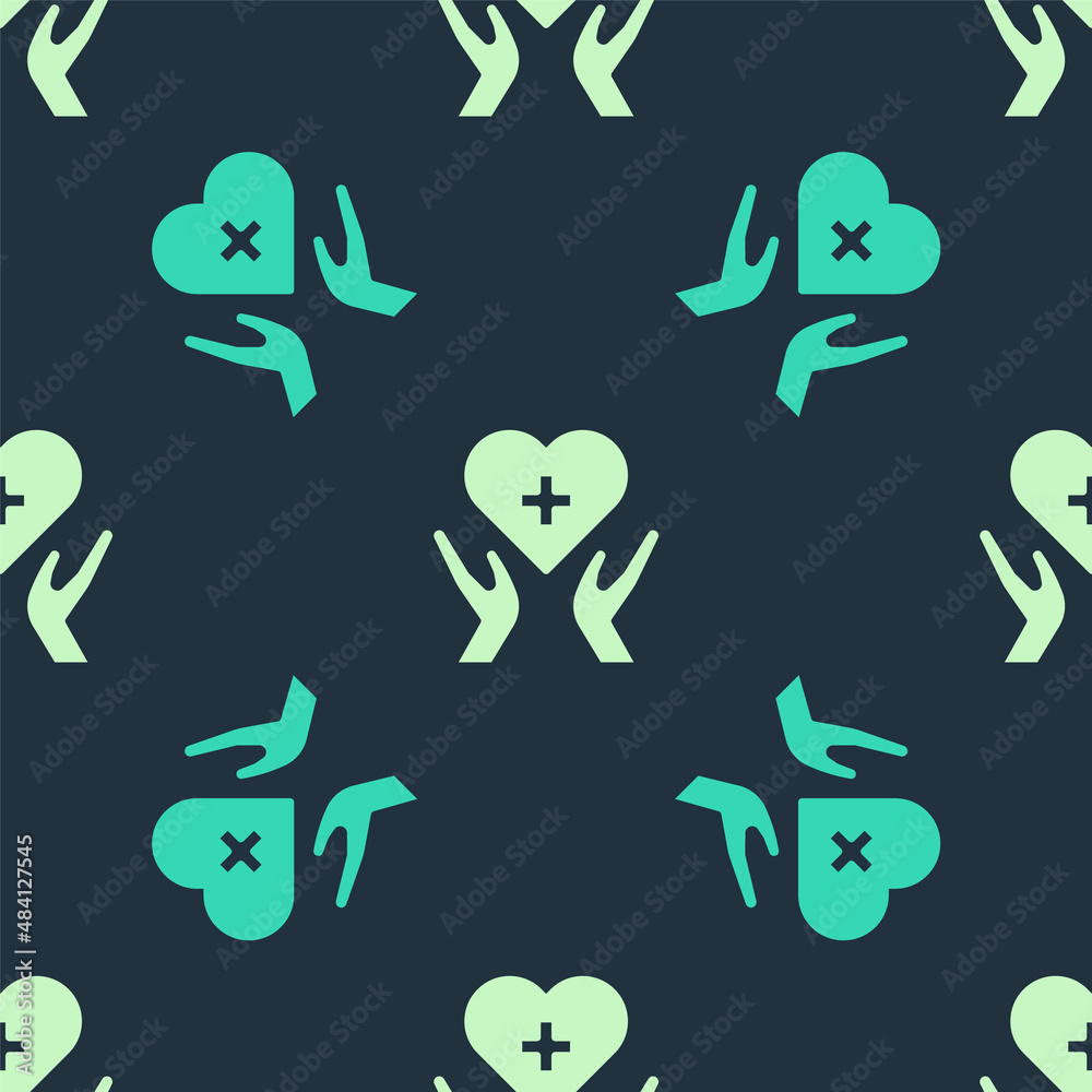Green and beige Heart with a cross icon isolated seamless pattern on blue background. First aid. Healthcare, medical and pharmacy sign. Vector