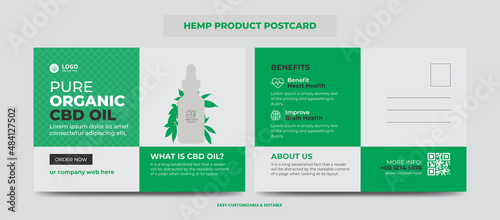 Hemp or CBD product postcard. Cannabis sativa product sale or promotion postcard design template