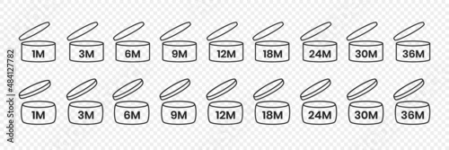 PAO, period after open icon sign set flat style design vector illustration isolated on transparent bd. 1, 3, 6, 9, 12, 18, 24, 36 month pao expiration period for cosmetic packaging line art symbol.