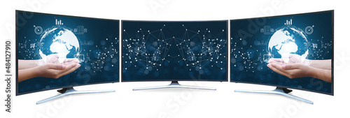 Curved TV 4K flat screen lcd or oled, plasma realistic, White blank HD monitor mockup, Modern video panel white flatscreen on isolated white background. with Hand holding global network. photo