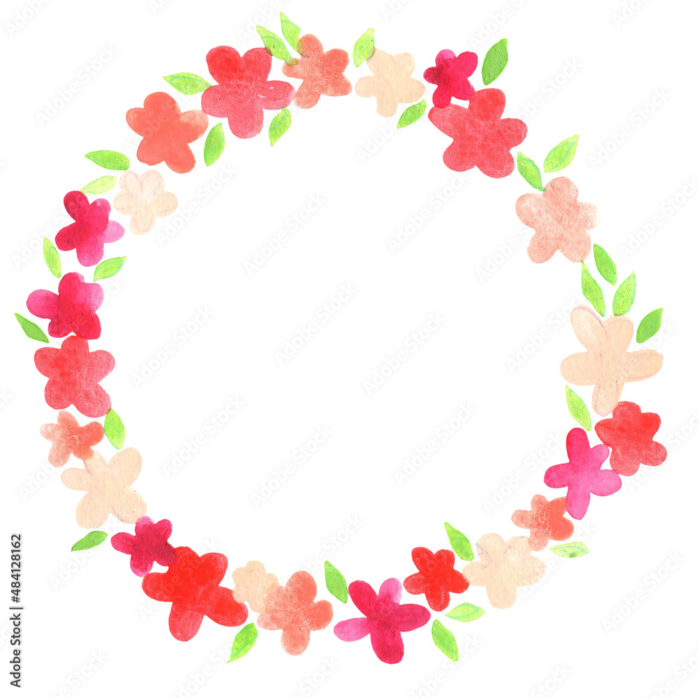 Colorful sweet pink flower and leaves wreath watercolor illustration for decoration on Valentine's day ,spring season and wedding events.